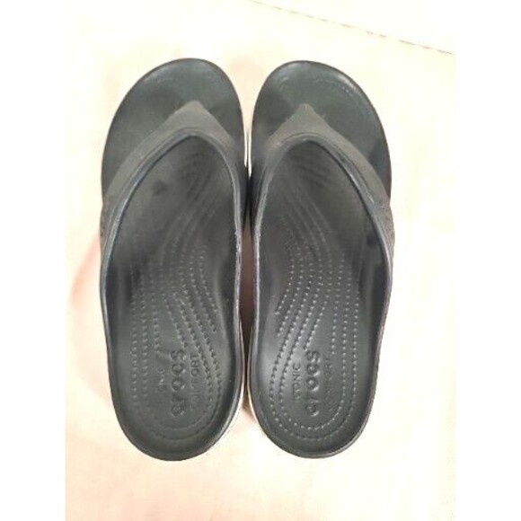 Crocs Mens 8 Womens 10 Comfort Chunky Flip Flop Thong Strap Sandals Black White - Picture 3 of 8